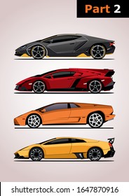 set of vector models of super cars, side view (part 2). Top to bottom: Lamborghini Centenario, Lamborghini Veneno, Lamborghini Diablo, Lamborghini Murcielago.