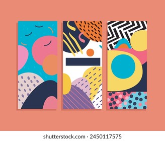 Set of vector modern abstract banner background template. Memphis style cover design. Website page design. Dynamic composition of figures. Creative geometric wallpaper. Creative design