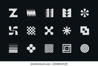 Set of vector, modern, abstract and geometric shapes and logos, influenced by brutalism.