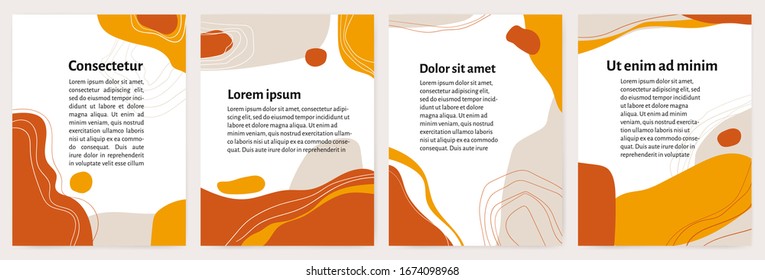 Set of vector modern abstract organic design collage template with nature organic shapes in yellow, orange warm colors. Book cover, wedding invitation, poster and card design