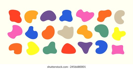 Set of vector modern amoeba shapes. Free form cutout design elements. 21 liquid shape stickers in vibrant vintage colors on off-white background. Organic fluid irregular freeform pattern illustration