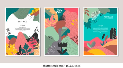 Set of vector modern artistic posters with hand drawn textures, plants, leaves and cut out paper shapes. Abstract nature collage with autumn lanscape. Templates for broshure, greeting cards.