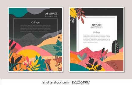 Set of vector modern artistic posters with hand drawn textures, plants, leaves and cut out paper shapes. Abstract nature collage with autumn lanscape. Templates for broshure, greeting cards.