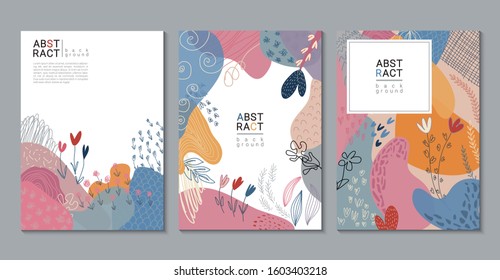 Set of vector modern artistic posters with hand drawn textures, heart shapes, flowers. Abstract nature, romantic collage. Templates for broshure, greeting cards for Valentine Day.