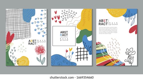 Set of vector modern artistic posters with hand drawn textures, heart shapes, flowers. Abstract collage. Templates for broshure, greeting cards, invitation.