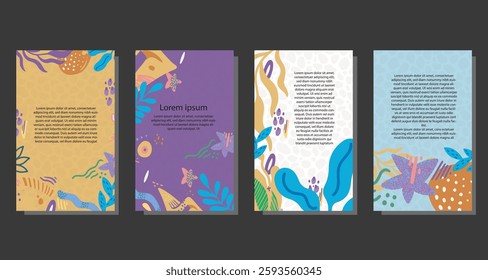 Set of vector modern artistic posters with hand drawn textures, plants, leaves and cut out paper shapes. Abstract nature collage with autumn lanscape. Templates for broshure, greeting cards.