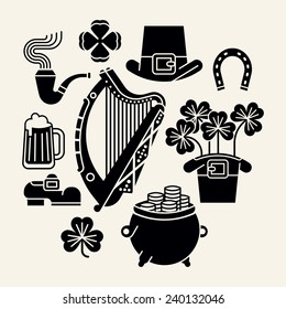 Set of vector modern black and white decoration items on Happy Saint Patrick's Day featuring Ireland harp, clover leaves, leprechaun hat, shoe, pint of beer, pot of gold and more