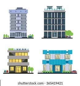 Set of vector modern business center with diverse architecture facades.Houses and office buildings in a big city. Shops and cafes, offices. Elements for the construction of urban landscapes. Flat 