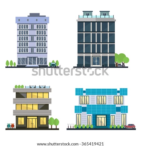 Set of vector modern business center with diverse architecture facades.Houses and office buildings in a big city. Shops and cafes, offices. Elements for the construction of urban landscapes. Flat 