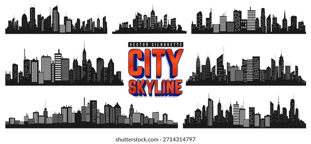 Conjunto de Vector de silueta de ciudad moderna o paisaje de área urbana con altos edificios y ventanas sobre fondo blanco. Paisaje urbano, ciudad nocturna y centro de la ciudad vista panorámica monocromática. Ciudad skyline icono de arte.