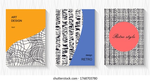 Conjunto de cubiertas abstractas de color moderno vectorial con textura doodle. Se puede usar para sus diseños de tarjetas de visita, invitaciones, tarjetas de regalo, volantes, folletos, banners con un lugar para el texto.