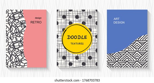 Set of vector modern colorful abstract covers with doodle texture. Can be used for your designs for business cards, invitations, gift cards, flyers, brochures, banners with a place for text.