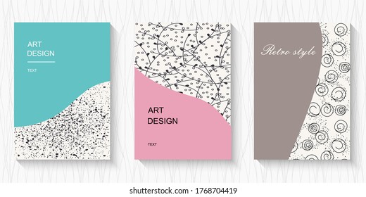 Set of vector modern colorful abstract covers with doodle texture. Can be used for your designs for business cards, invitations, gift cards, flyers, brochures, banners with a place for text.