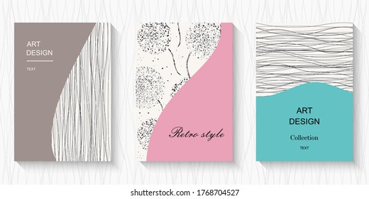 Conjunto de cubiertas abstractas de color moderno vectorial con textura doodle. Se puede usar para sus diseños de tarjetas de visita, invitaciones, tarjetas de regalo, volantes, folletos, banners con un lugar para el texto.