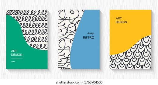 Conjunto de cubiertas abstractas de color moderno vectorial con textura doodle. Se puede usar para sus diseños de tarjetas de visita, invitaciones, tarjetas de regalo, volantes, folletos, banners con un lugar para el texto.