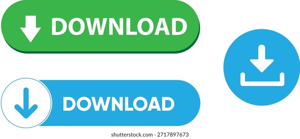 Conjunto de Botones e iconos de Descarga modernos de Vector en verde y azul para Diseño web e interfaz de usuario.