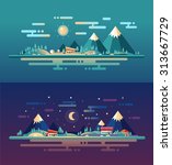 Set of vector modern flat design conceptual landscapes with animals, houses and mountains. Illustrations of beautiful forest scenes.