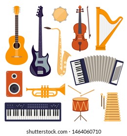 Set of vector modern flat design musical instruments and tools. Guitar, synthesizer, violin, cello, drum, cymbals, saxophone, accordion, tambourine trumpet harp loudspeaker Vector illustration