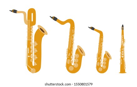 Set of vector modern flat design musical instruments. Woodwind musical instruments, saxophones.  Illustration of musical instruments isolated on white background. 