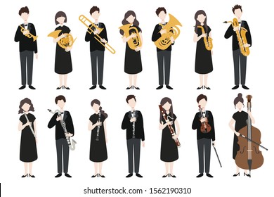 Set of vector modern flat design musicians. A group of people holding a musical instrument. Vector.