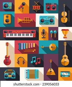 Set of vector modern flat design musical instruments and music tools icons
