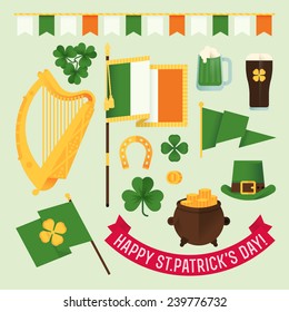 Set of vector modern flat design decoration items on Happy Saint Patrick's Day featuring Ireland flag, golden harp, clover leaves, horseshoe, leprechaun hat, pot of gold and greeting title on ribbon