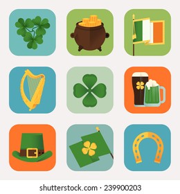 Set of vector modern flat design round corners icons on Happy Saint Patrick's Day featuring Ireland flag, harp, clover leaves, horseshoe, leprechaun hat, pot of gold, pint of beer