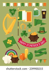 Set of vector modern flat design decoration items on Happy Saint Patrick's Day featuring Ireland flag, harp, clover leaves, horseshoe, leprechaun hat, pot of gold, rainbow, balloons and more