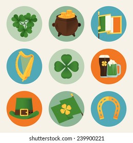 Set of vector modern flat design circle icons on Happy Saint Patrick's Day featuring Ireland flag, harp, clover leaves, horseshoe, leprechaun hat, pot of gold, pint of beer