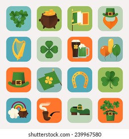 Set of vector modern flat design round corners icons on Saint Patrick's Day featuring Ireland flag, harp, clover leaves, horseshoe, leprechaun hat, shoe, smoking pipe, pot of gold, beer and more