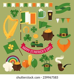 Set of vector modern flat design decoration items on Happy Saint Patrick's Day featuring Ireland flag, harp, clover leaves, leprechaun hat, red beard, pot of gold, rainbow, balloons and more