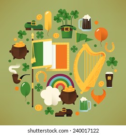 Set of vector modern flat design circle composition on Saint Patrick's Day featuring Ireland flag, harp, clover leaves, leprechaun hat, red beard, pot of gold, rainbow, balloons and more