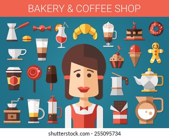 Set of vector modern flat design coffee-shop, cafe and bakery icons