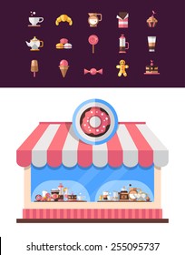 Set of vector modern flat design coffee, cafe and bakery icons with coffee shop graphic