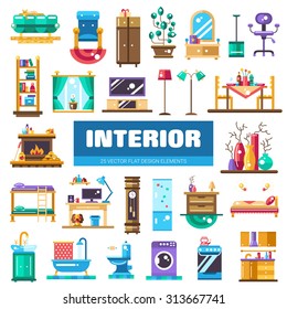 Set of vector modern flat design interior icons and elements. Domestic furniture 