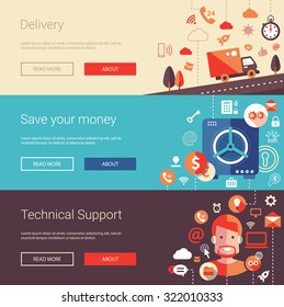 Set of vector modern flat design business banners, headers with icons and infographics elements. Delivery, technical support and save your money.