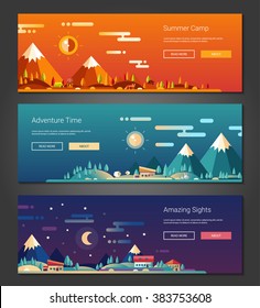 Set of vector modern flat design conceptual landscapes with animals, houses and mountains. Illustrations of beautiful forest scenes.