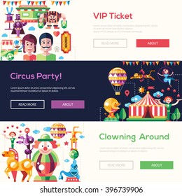 Set of vector modern flat design circus and carnival website headers, banners with icons and infographics elements
