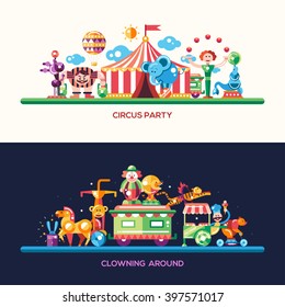 Set of vector modern flat design circus and carnival website headers, banners set with icons and infographics elements
