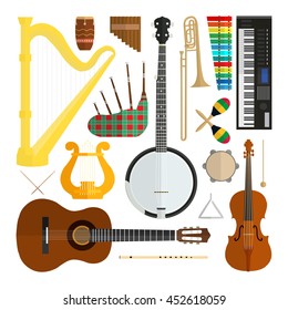 Set of vector modern flat design musical instruments isolated on white background. Elements for your product or design, web and mobile application. Guitar, violin, banjo, harp, lira and others. 