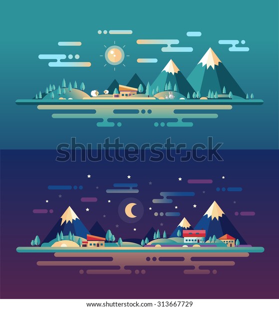 Set of vector modern flat design conceptual\
landscapes with animals, houses and mountains. Illustrations of\
beautiful forest scenes.