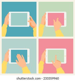 Set of vector modern flat illustrations on white tablet computer with blank display in male casual clothed hands featuring basic gestures like zooming, tapping and swiping