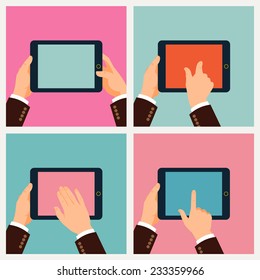 Set of vector modern flat illustrations on black tablet computer with blank display in male business suit clothed hands featuring basic gestures like zooming, tapping and swiping