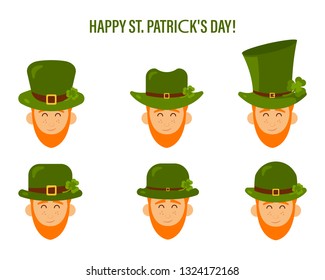 Set of vector modern flat people, icon design for St. Patrick's Day character Leprechaun with green hat, red beard.