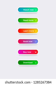 Set of vector modern material style buttons. Different gradient colors and icons on white forms with shadows. Can be used for landing pages.