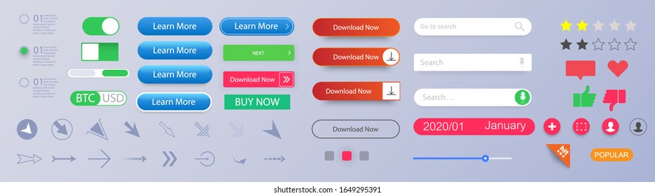 Set of vector modern material style buttons. Different gradient colors and icons. Empty web buttons. Colorful navigation long web button. Interface buttons. Search bar. Web UI elements for browsers.