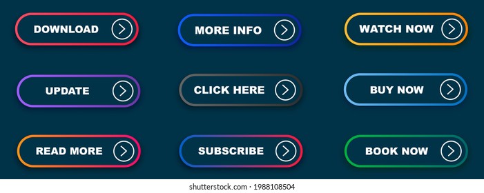 Set of vector modern material style buttons. Different gradient colors and icons on rectangular forms with shadows.