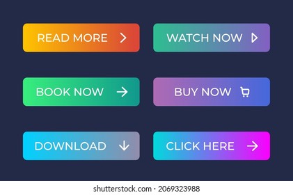 Set of vector modern material style buttons. Different gradient colors and icons on rectangular forms with shadows.