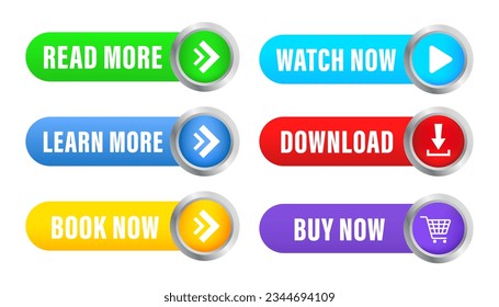 Set of vector modern material style buttons. Various gradient colors and icons on oval shapes. Learn more, learn more, buy now, download, watch now, book. Glossy button. Vector illustration