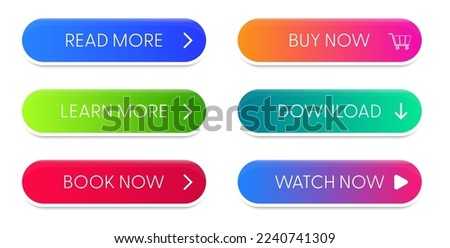 Set of vector modern material style buttons. Different gradient colors and icons on white forms with shadows